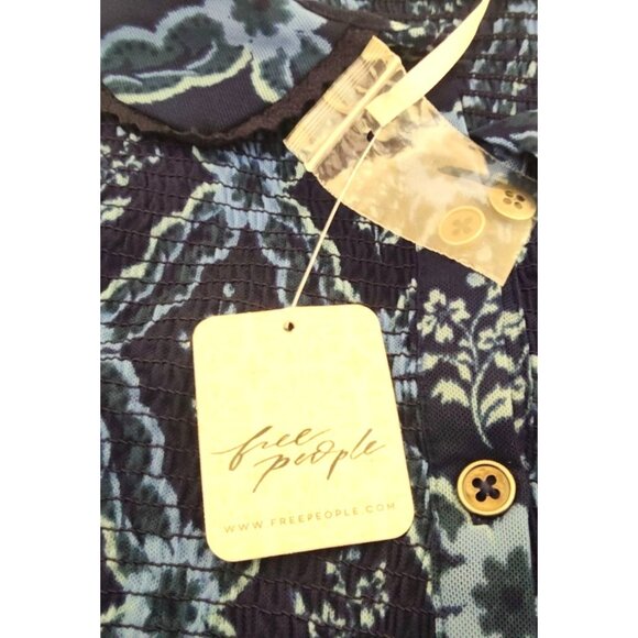 Free People Women's M Caught A Feeling Blouse Sheer Blue Patterned Long Sleeve - Picture 7 of 15